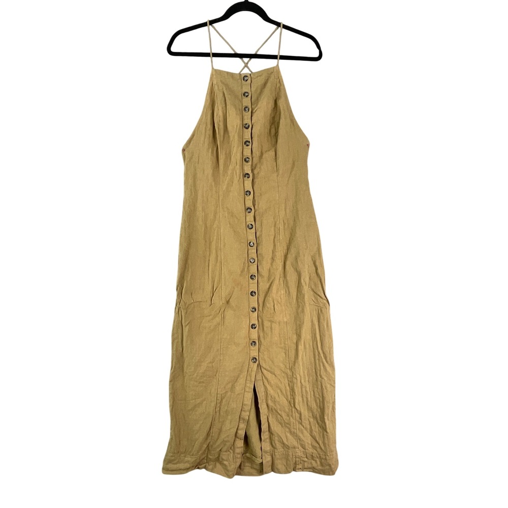 Free People Midi Dress Womens Small Tan Linen Blend Button Front Halter Boho